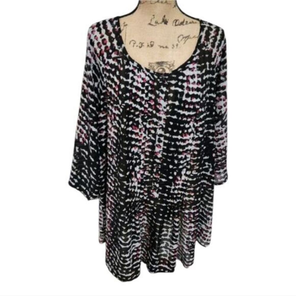 Lane Bryant Pink Polka Dot Abstract Print Pintuck Tunic Blouse Black White 18/20